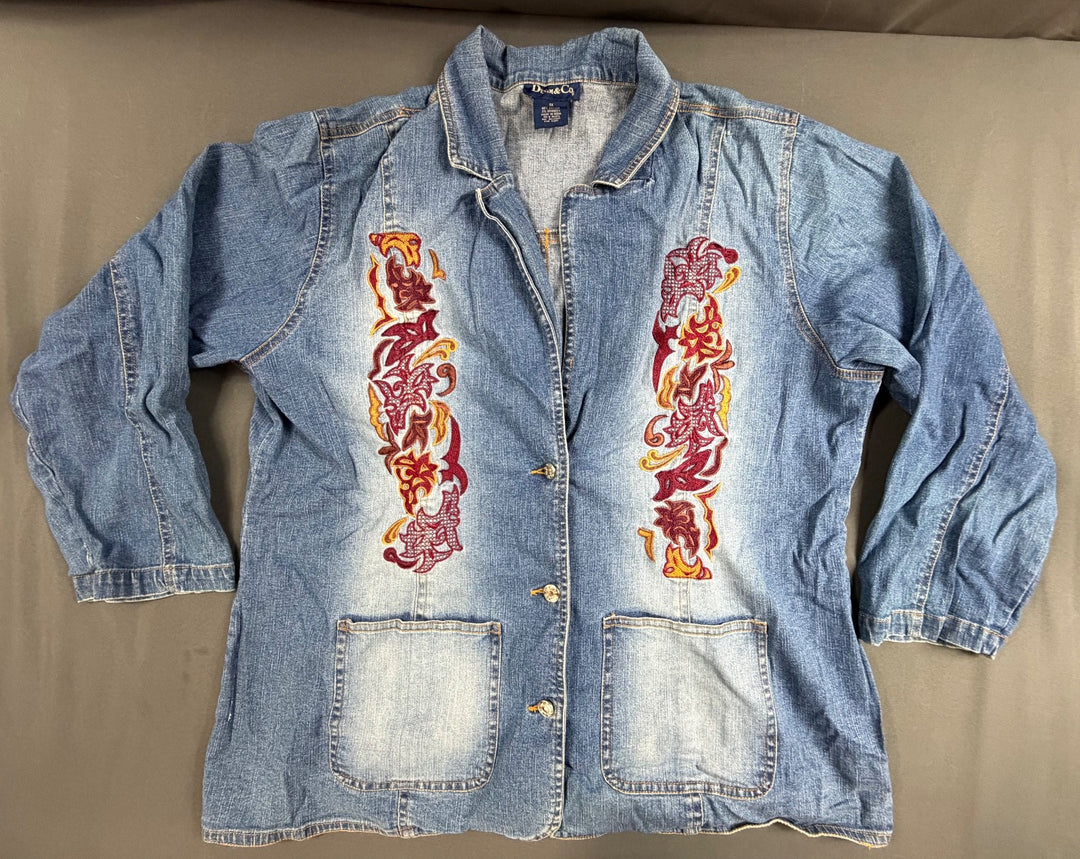 Denim &amp; Co Jacket Womens 1X Blue Colorful Embroidered Utility Button Front