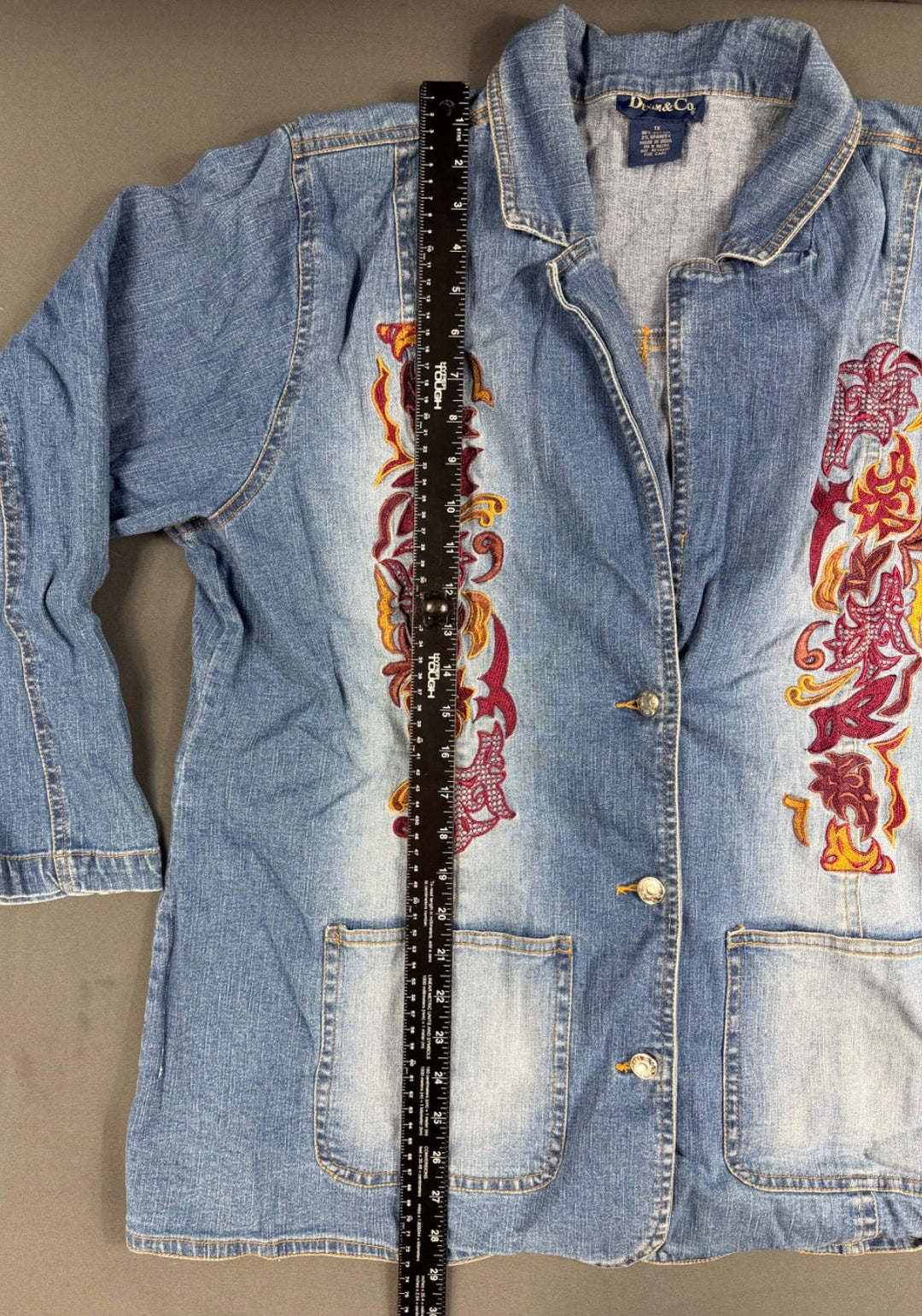 Denim &amp; Co Jacket Womens 1X Blue Colorful Embroidered Utility Button Front