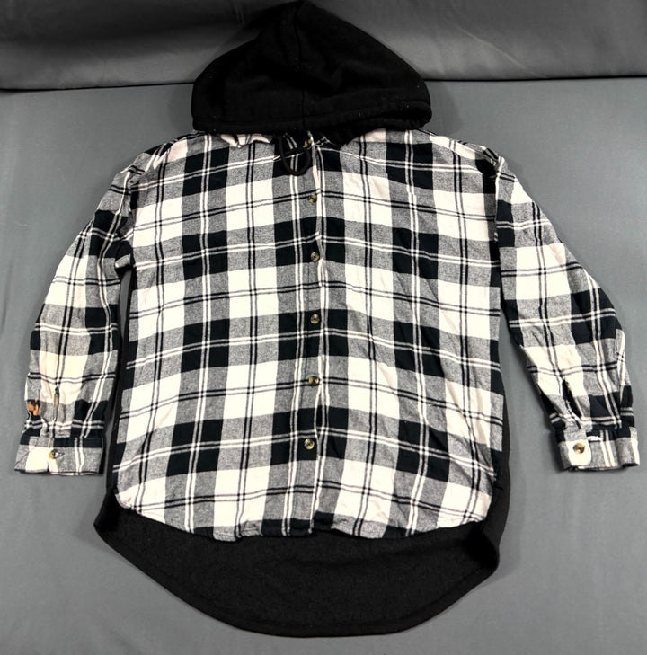 No Boundaries Flannel Shacket Womens L (11–13) Multi Plaid Lined Cotton Hooded