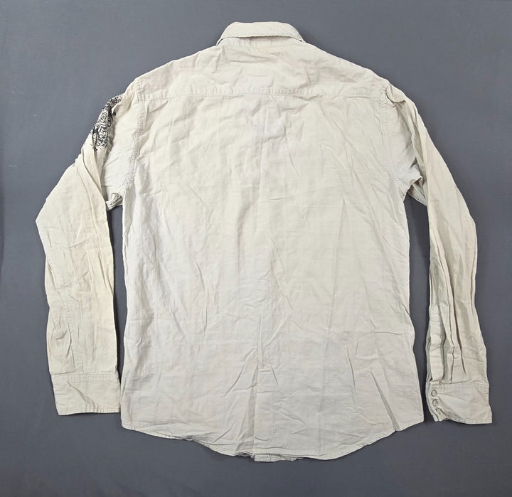 Helix Shirt Mens Large Beige Long Sleeve Cotton Affliction Western Pearl Snap