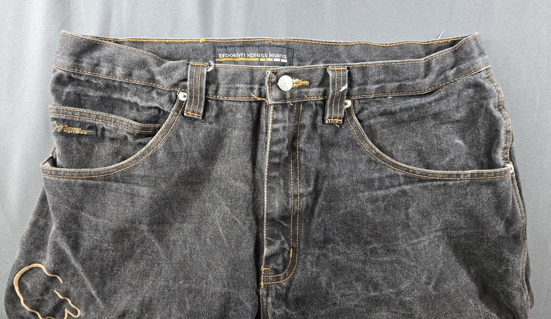 VTG Brooklyn Express Shorts Men 36 Fade Black Dark Wash Baggy Wide Leg Jorts Y2K