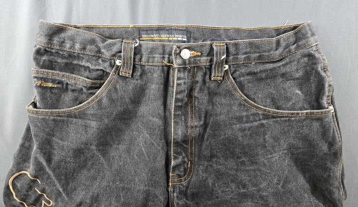 VTG Brooklyn Express Shorts Men 36 Fade Black Dark Wash Baggy Wide Leg Jorts Y2K