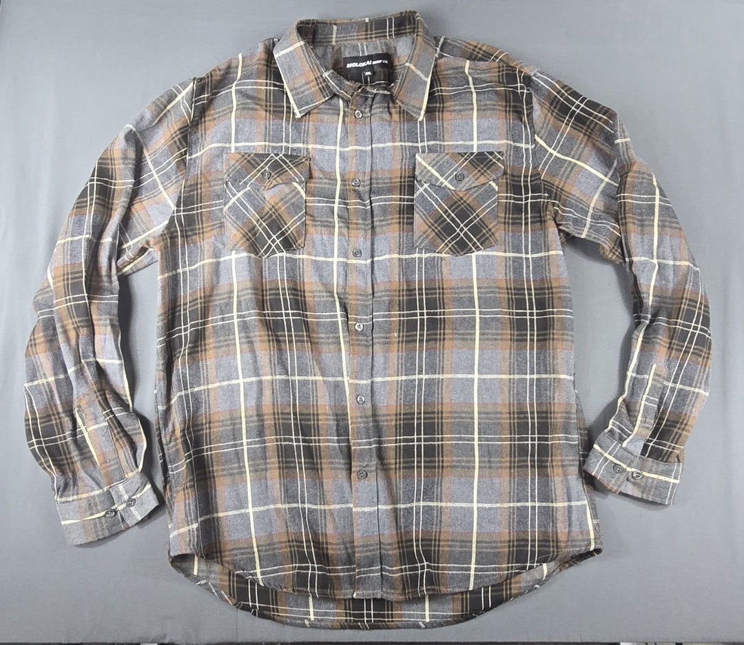 Molokai Surf Co. Flannel Shirt Mens 2XL Brown Gray Plaid Button Down Long Sleeve