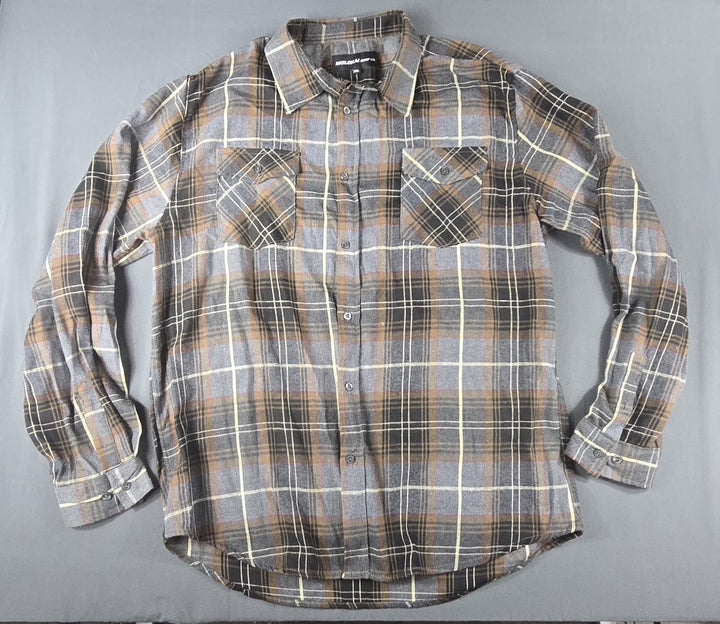 Molokai Surf Co. Flannel Shirt Mens 2XL Brown Gray Plaid Button Down Long Sleeve