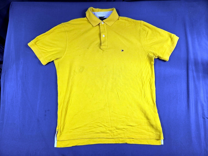 Tommy Hilfiger Mens M Gold Yellow Polo Shirt Small Flag Logo Cotton Flaws