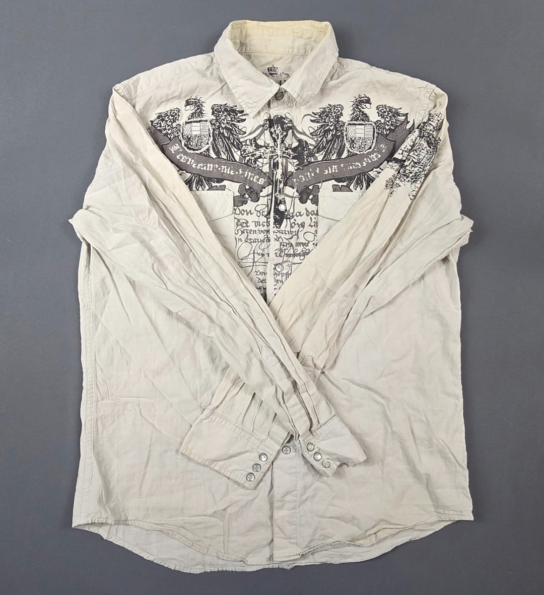 Helix Shirt Mens Large Beige Long Sleeve Cotton Affliction Western Pearl Snap