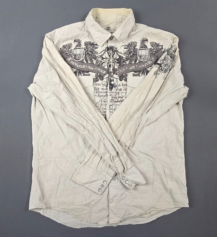 Helix Shirt Mens Large Beige Long Sleeve Cotton Affliction Western Pearl Snap