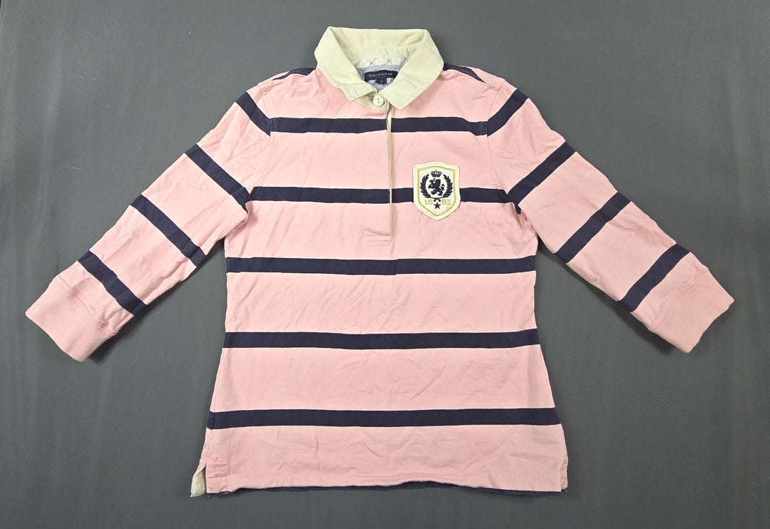 Tommy Hilfiger Rugby Shirt Women Medium Pink Striped Side Slits Performance Golf