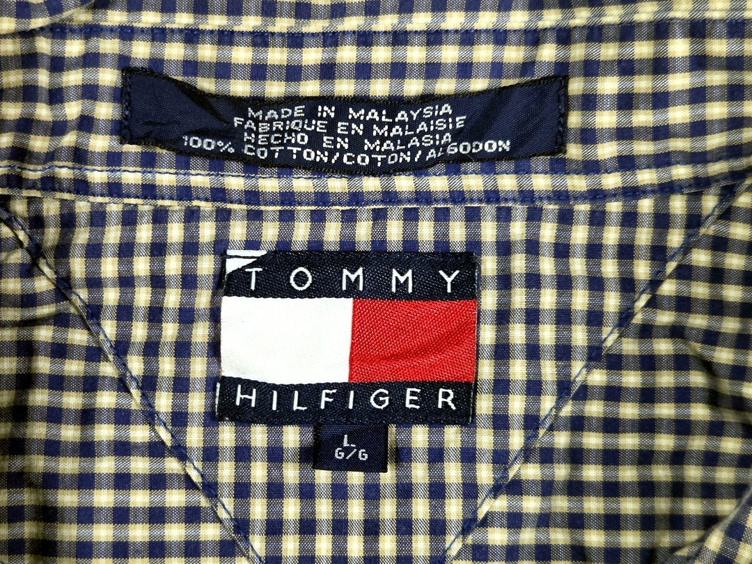 Tommy Hilfiger Mens L Blue Gingham Check Button Down Shirt Long Sleeve Cotton