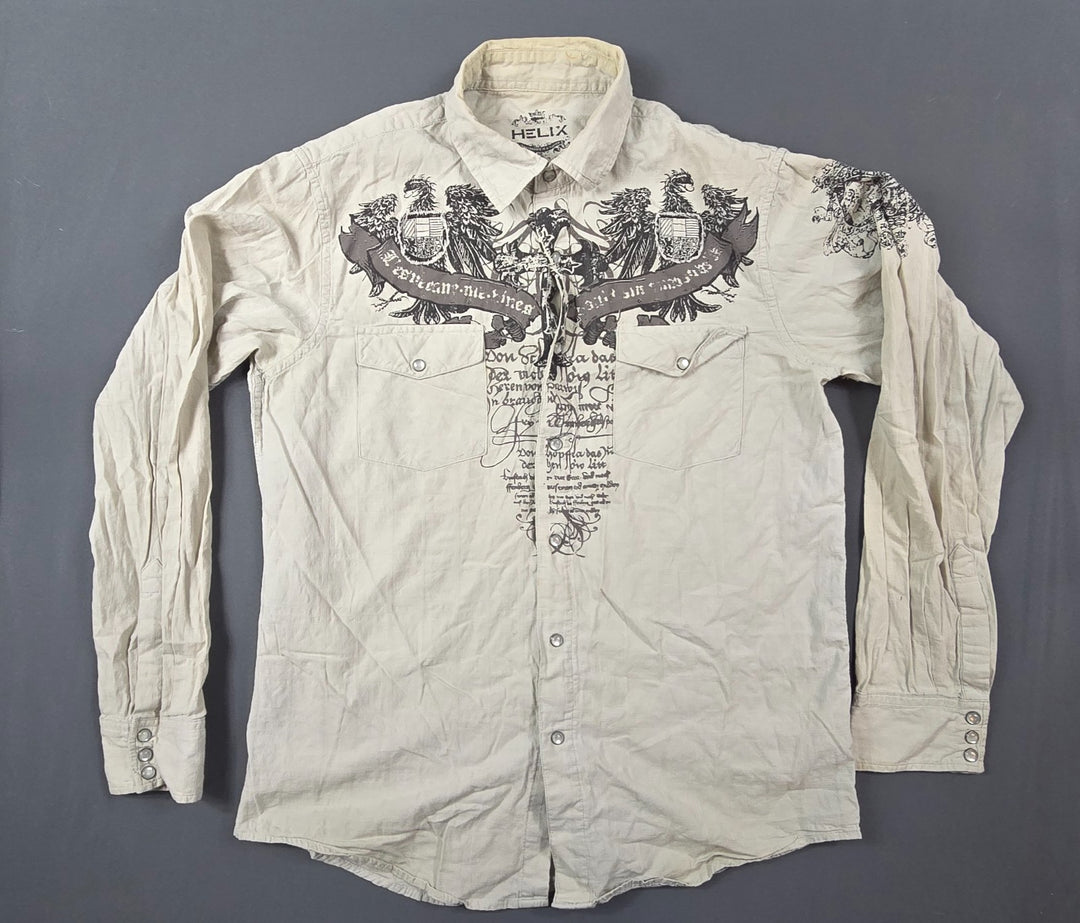 Helix Shirt Mens Large Beige Long Sleeve Cotton Affliction Western Pearl Snap