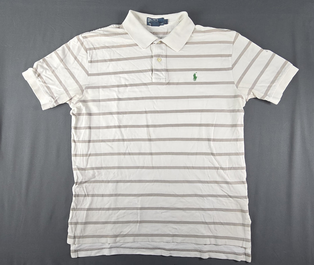 Polo Ralph Lauren Shirt Mens L White Gray Stripe Embroidered Logo Short Sleeve