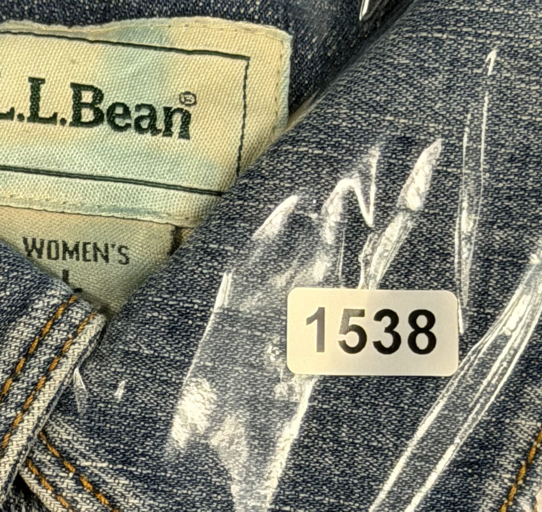 L.L.Bean Trucker Jacket Womens Large Blue Denim Stretch Button Front Long Sleeve