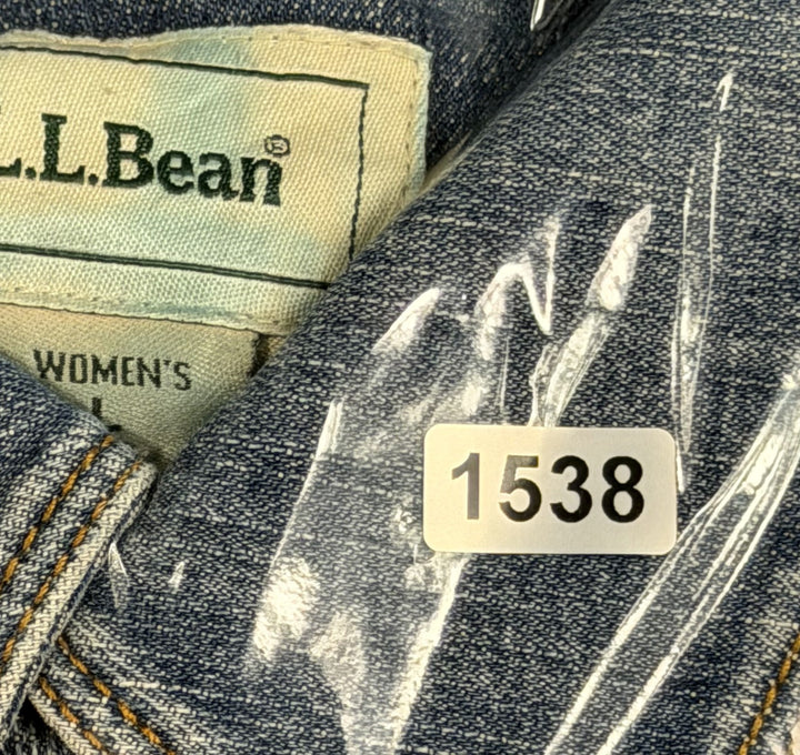 L.L.Bean Trucker Jacket Womens Large Blue Denim Stretch Button Front Long Sleeve