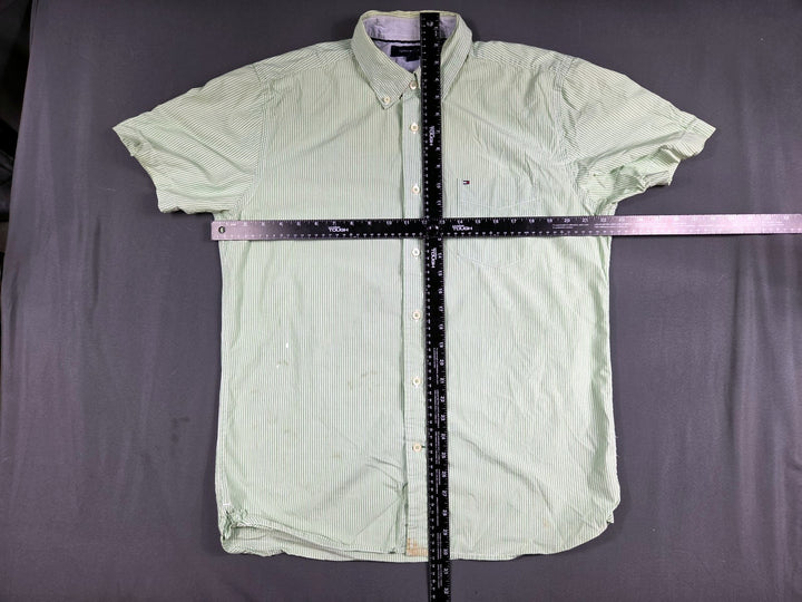 Tommy Hilfiger Mens M Green Stripe Short Sleeve Button Down Shirt Cotton