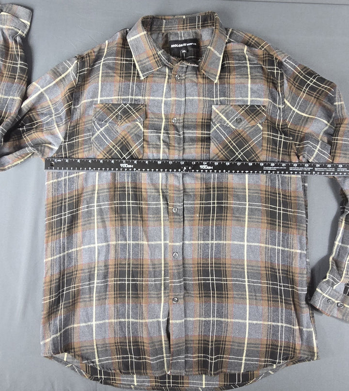 Molokai Surf Co. Flannel Shirt Mens 2XL Brown Gray Plaid Button Down Long Sleeve