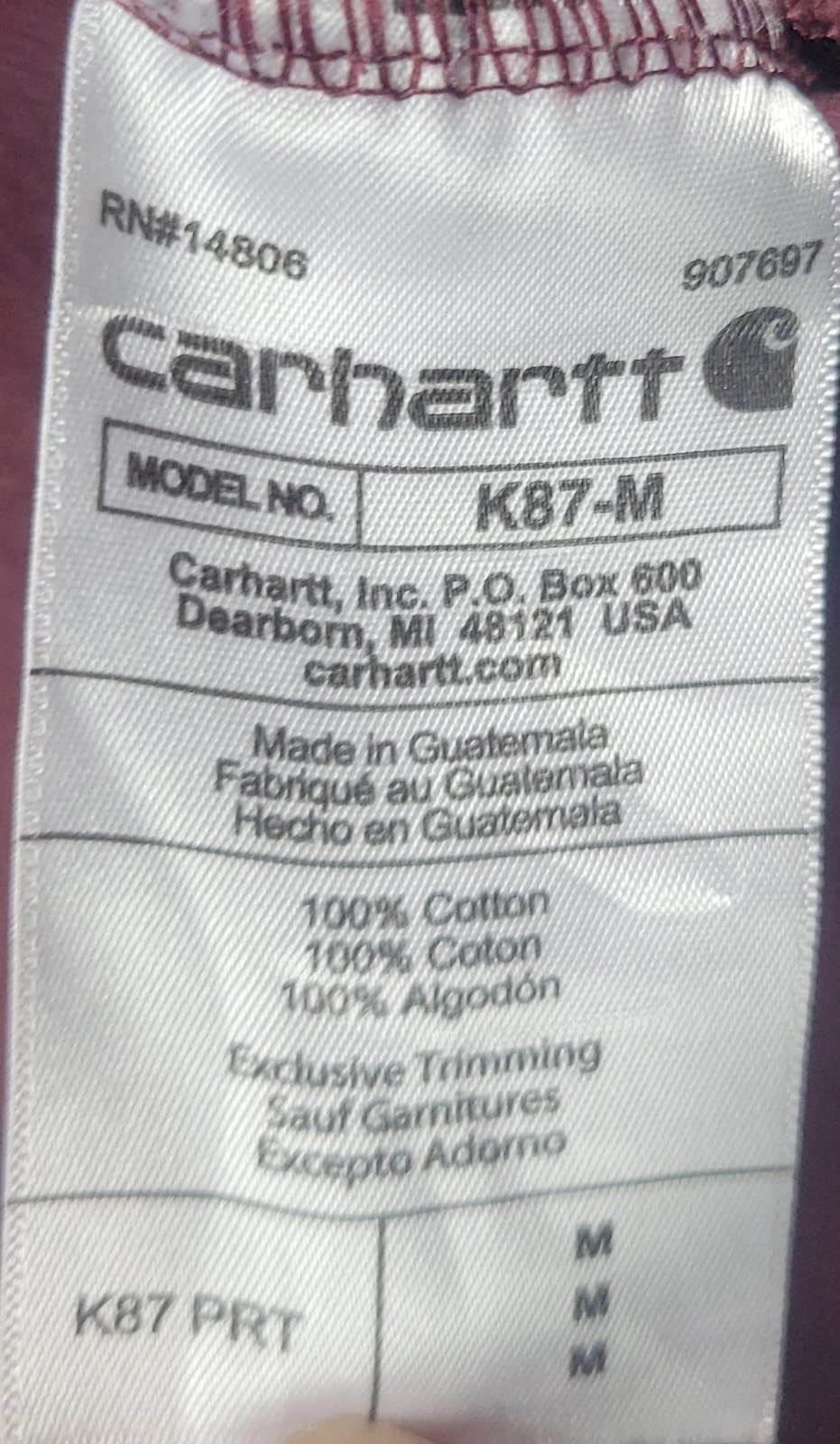 Carhartt Shirt Men’s K87 Medium Burgundy Logo Loose Fit Short Sleeve Pocket