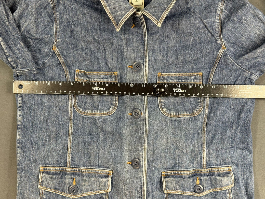 L.L.Bean Trucker Jacket Womens Large Blue Denim Stretch Button Front Long Sleeve