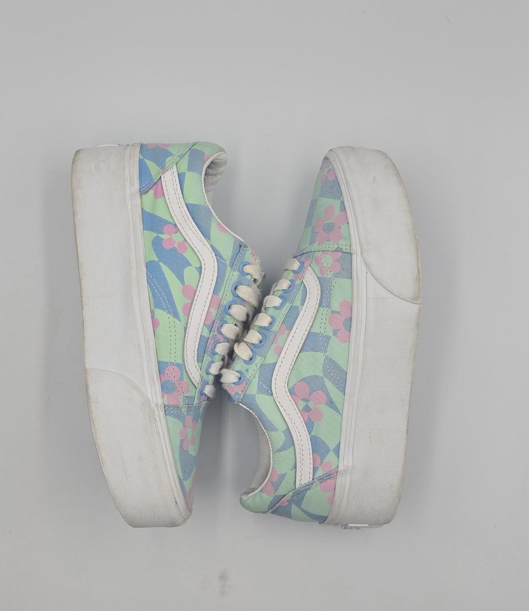 Vans Old Skool Stacked Checkerboard Floral Blue Platform Women&