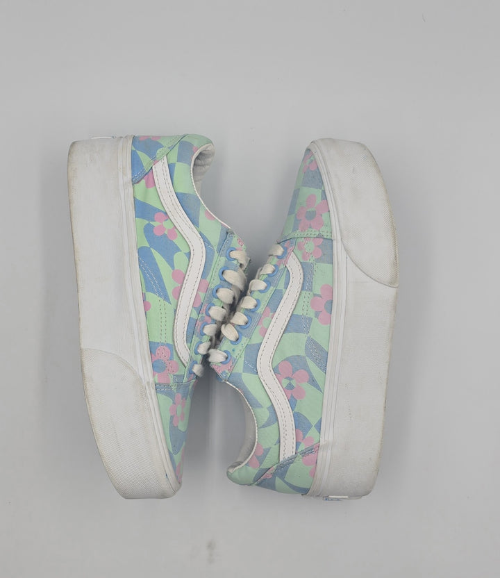 Vans Old Skool Stacked Checkerboard Floral Blue Platform Women&