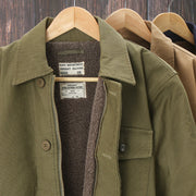 Men's padded work coat, cotton material, khaki color, casual style with multi-pocket and zipper, thickened for warmth.