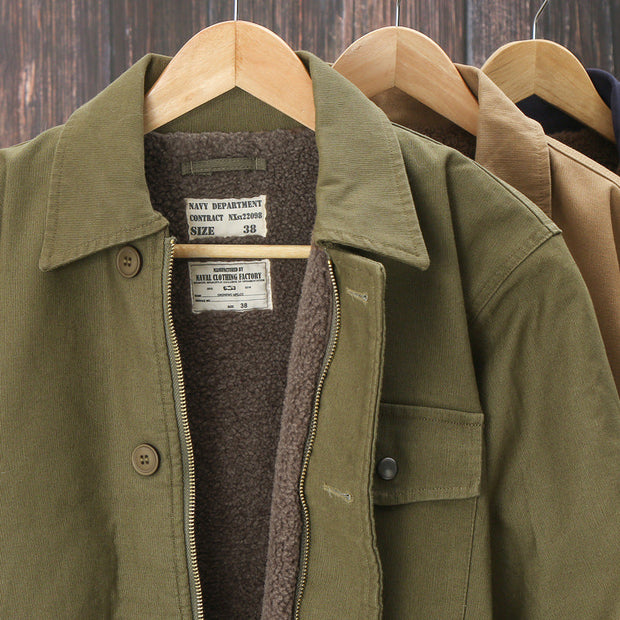 Men's padded work coat, cotton material, khaki color, casual style with multi-pocket and zipper, thickened for warmth.