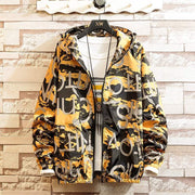 Men's casual streetwear hooded coat with bold graphic print.