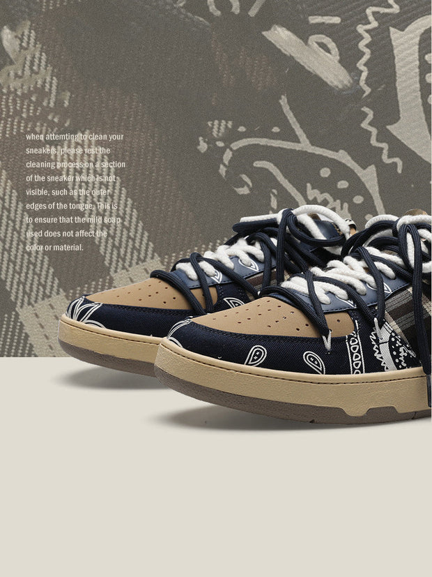 Stylish men's platform sneakers with unique design, featuring cashew flower pattern and lace-up style.