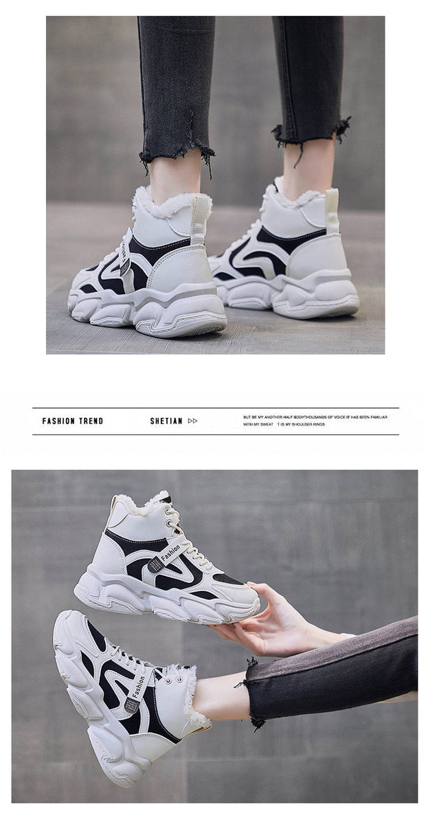 Women's fleece-lined clunky high top sneakers, black and white design, rubber sole, PU upper, lace-up style.
