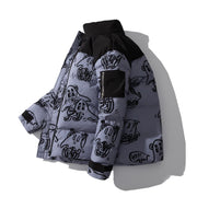 Korean style loose winter jacket for men with playful graphics, hooded, polyester filling.