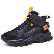 Thick-soled height-enhanced cotton basketball sneakers in black with yellow accents, featuring a thick sole and round toe design.
