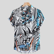 Hawaiian casual streetwear shirt with abstract black and white pattern and blue accents, made from polyester fiber.