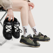 Retro Heavy Industry Sneakers in black and green, casual flat heel design, mesh lining, suitable for women in spring, summer, and autumn.