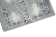 Skull design denim jacket for men in blue, polyester fiber.
