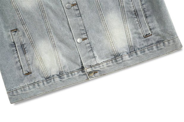Skull design denim jacket for men in blue, polyester fiber.