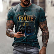 Oversize retro short sleeve men's pullover with Route 66 print, polyester fabric, leisure style.