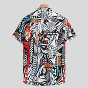 Hawaiian casual shirt with abstract black, white, and red pattern, made of polyester fiber.