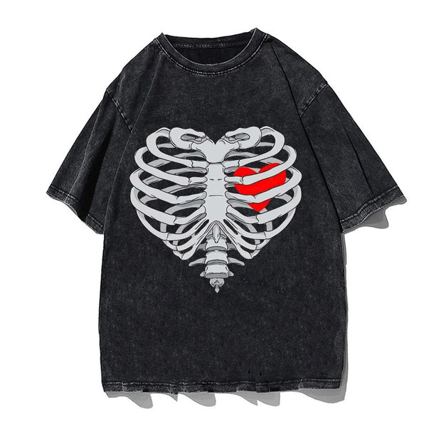 Hip Hop Streetwear Men's T-Shirt with ribcage character print, breathable cotton fabric.