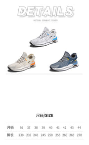 Men's low-top flyknit sneakers in beige, blue, and white with flat PVC sole and breathable design.