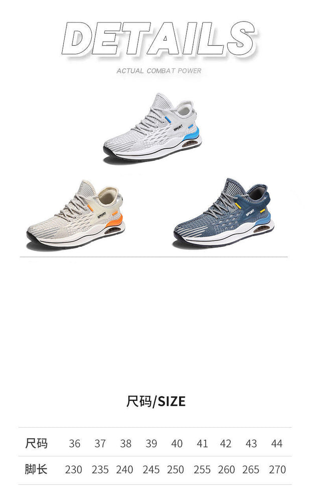 Men's low-top flyknit sneakers in beige, blue, and white with flat PVC sole and breathable design.