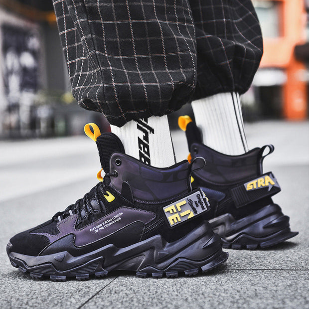Thick-soled height-enhanced cotton basketball sneakers in black with yellow accents.