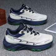 Men's colorblock sneakers with flat heel and rubber sole, featuring blue and white design. Suitable for outdoor activities like mountaineering, hiking, and running.