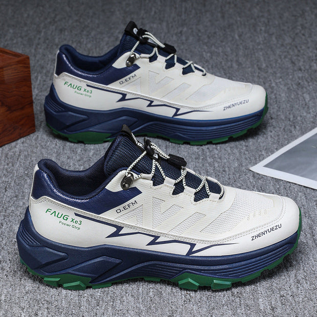 Men's colorblock sneakers with flat heel and rubber sole, featuring blue and white design. Suitable for outdoor activities like mountaineering, hiking, and running.