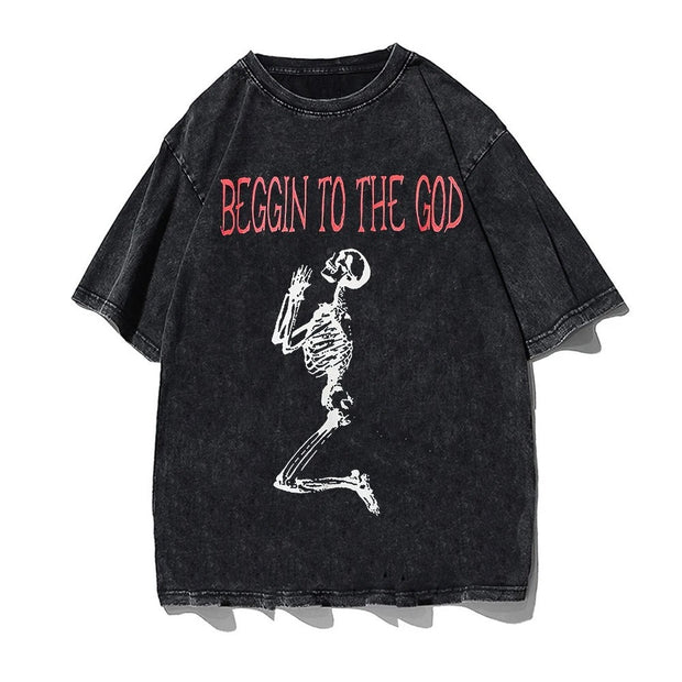 Hip Hop Streetwear Men's T-Shirt with "Beggin to the God" character pattern.
