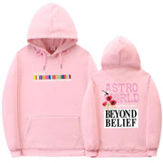 Hip-hop streetwear pink hoodie with colorful print and text designs, fleece-lined, suitable for spring and autumn.