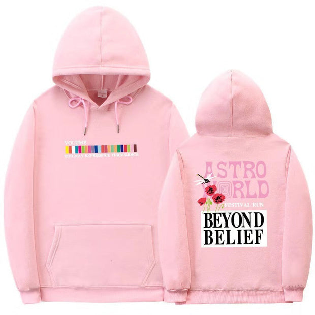 Hip-hop streetwear pink hoodie with colorful print and text designs, fleece-lined, suitable for spring and autumn.