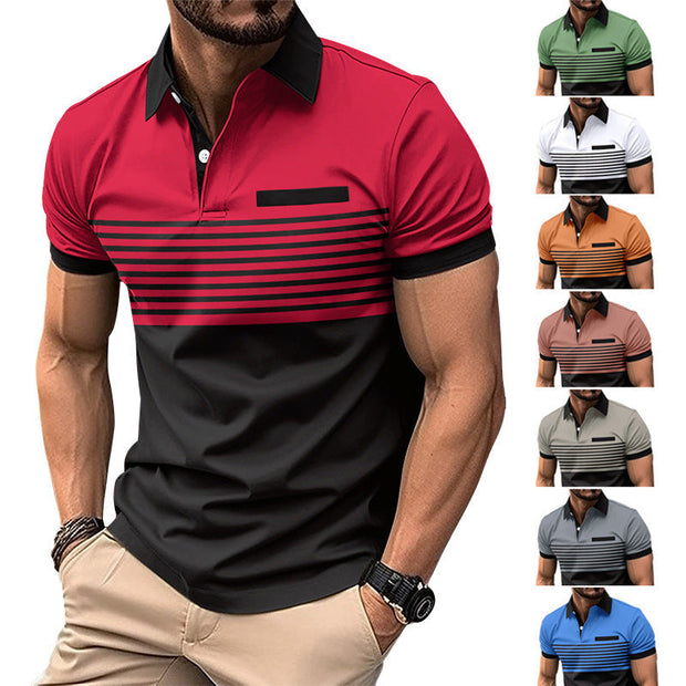 Men's casual striped shirt with chest pocket in multiple colors, loose fit, cotton blend.