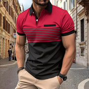 Men's casual striped shirt with chest pocket in red and black, cotton blend fabric.