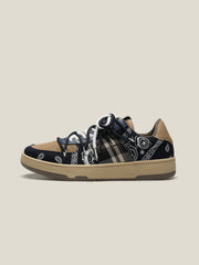 Men's platform sneakers with unique cashew flower design, featuring PU upper and rubber sole.