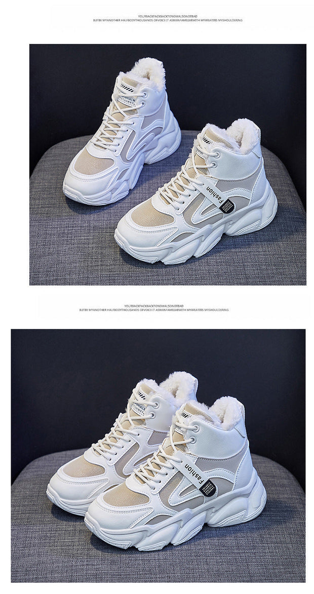 Women's fleece-lined high top sneakers with clunky sole and lace-up design.