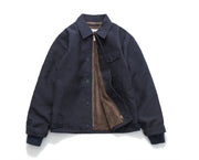 Men's padded work jacket in navy, cotton material, thickened with velvet lining, casual style with multi-pocket and zipper.
